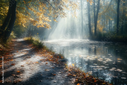 Serene Autumn Landscape with Misty Water and Golden Foliage - Tranquil Nature Scene for Wellness Retreats, Meditation, and Eco-Tourism Marketing