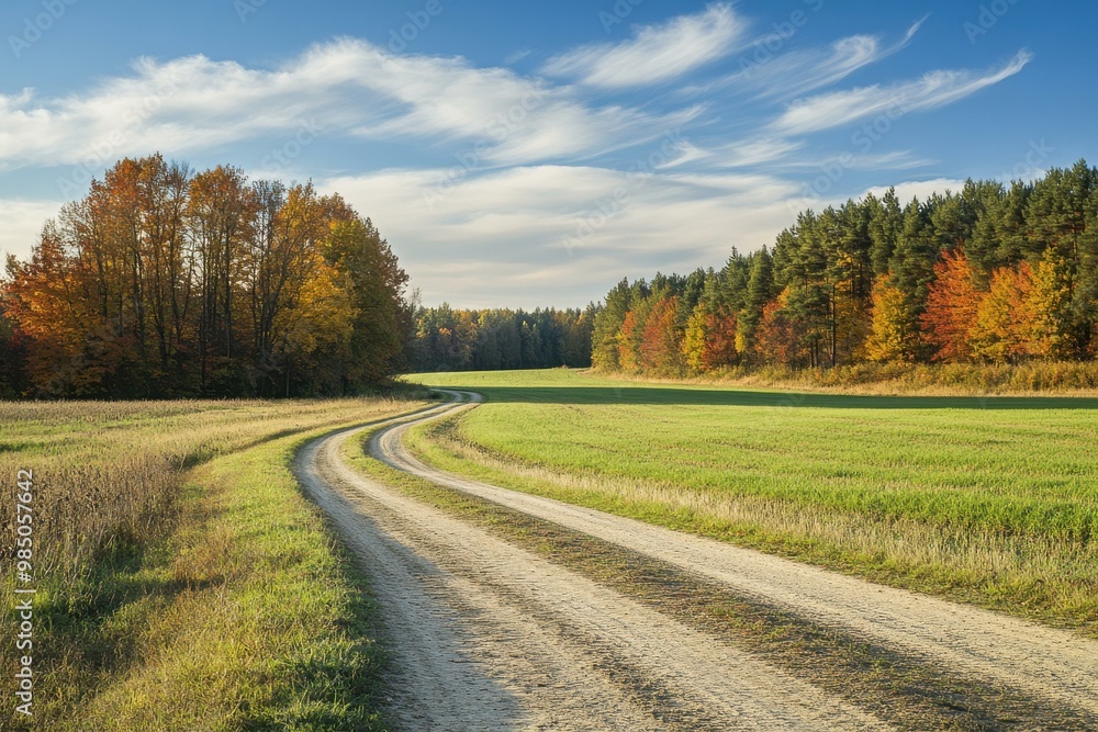 Fototapeta premium Winding Dirt Road Through Vibrant Autumn Forest - Scenic Fall Landscape for Outdoor Adventure and Travel Marketing