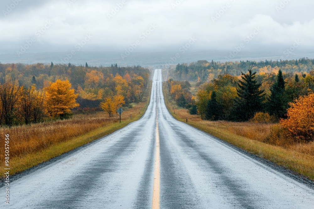 Fototapeta premium Autumn Road Trip Through Colorful Foliage and Cloudy Skies - Scenic Fall Landscape for Travel and Adventure Photography