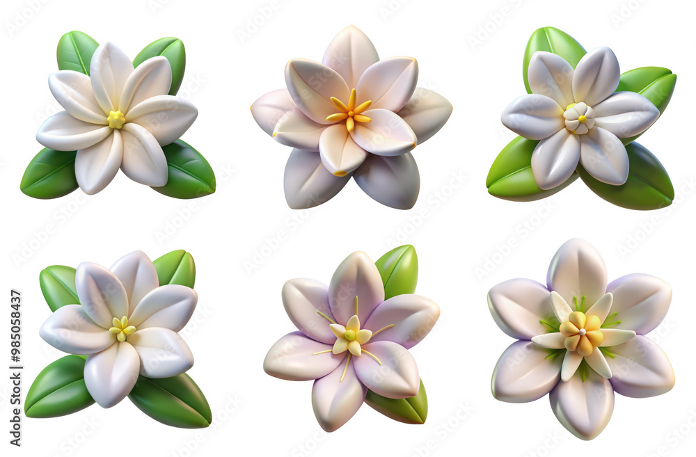 Naklejka premium PNG jasmine flower 3d collection, in cartoon style minimal on transparent, white background, isolate