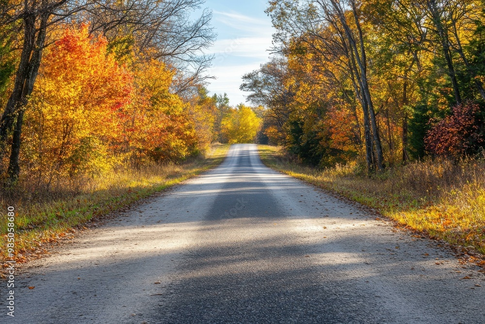 Vibrant Autumn Road with Colorful Fall Foliage and Clear Blue Sky - Scenic Landscape for Travel and Tourism Marketing Vibrant Autumn Road with Colorful Fall Foliage and Clear Blue Sky - Scenic Landscape for Travel and Tourism Marketing