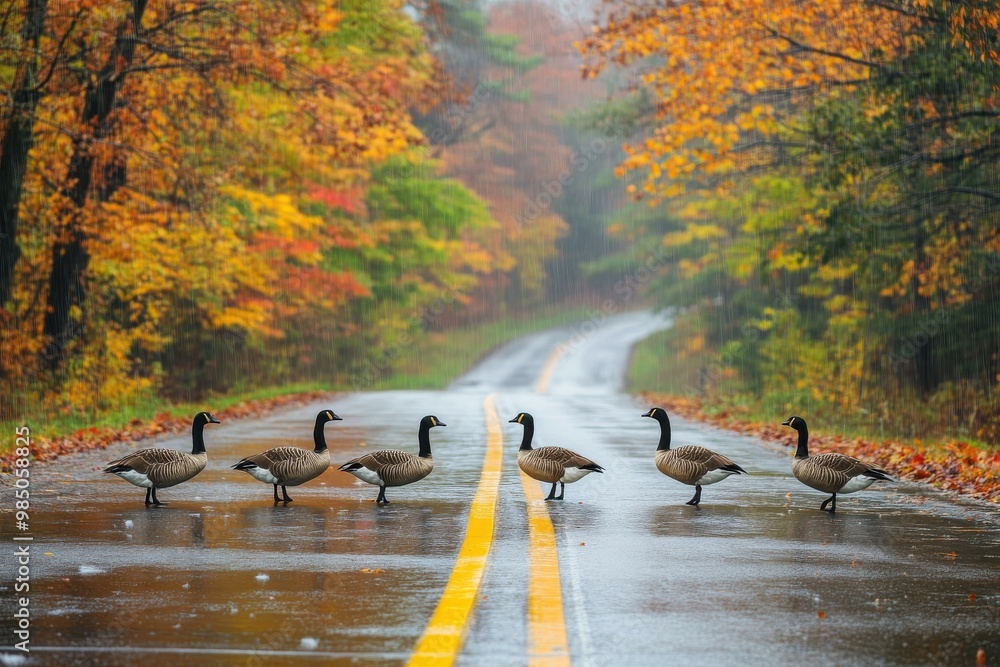 Fototapeta premium Geese Crossing a Wet Road in a Colorful Autumn Landscape - Scenic Wildlife Photography for Nature Tourism and Travel Marketing
