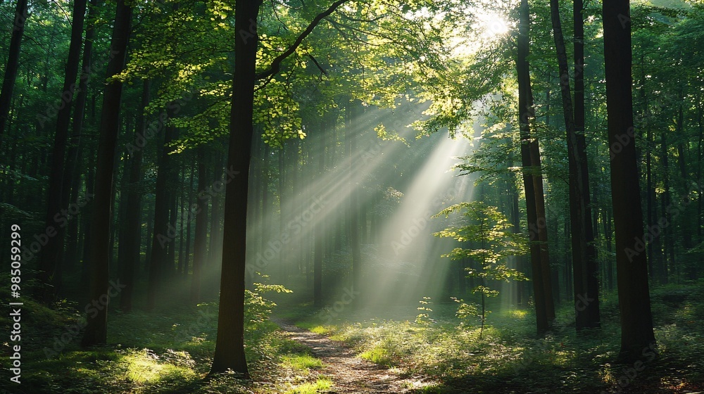 Obraz premium Sunbeams filtering through the canopy of a dense forest