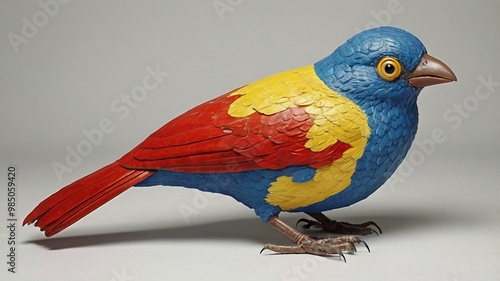 A bird with mismatched features—a large, heavy body with tiny wings, an oversized beak, and brightly colored, irregular feathers in red, blue, and yellow. Its eyes are wide 