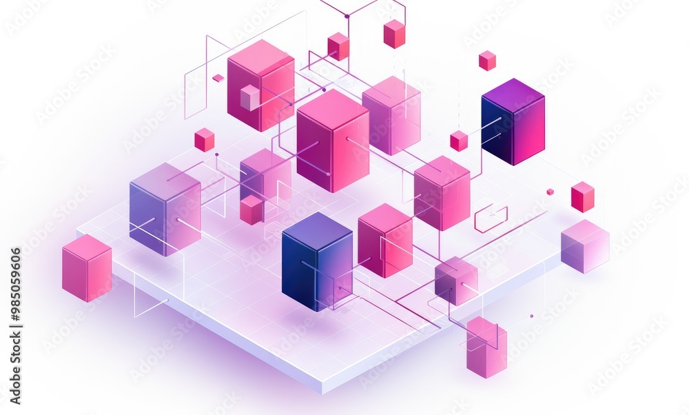 Abstract geometric illustration with pink and purple cubes connected by lines, representing data flow and connectivity. Abstract geometric illustration with pink and purple cubes connected by lines, representing data flow and connectivity.