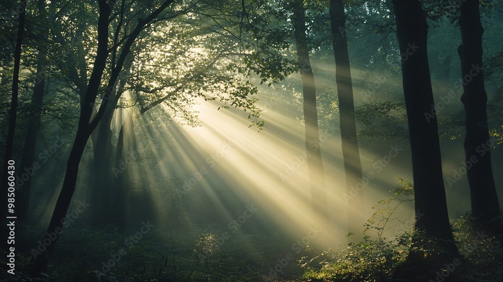Naklejka premium Sunbeams Shining Through Foggy Forest Trees