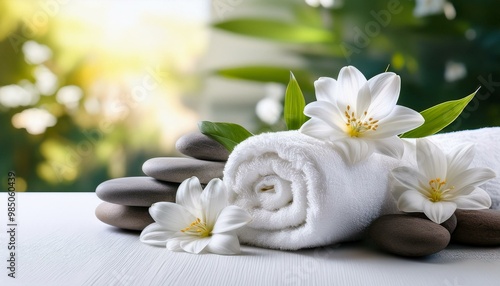 Nature background with white towels, stones, and white flowers, wellness concept