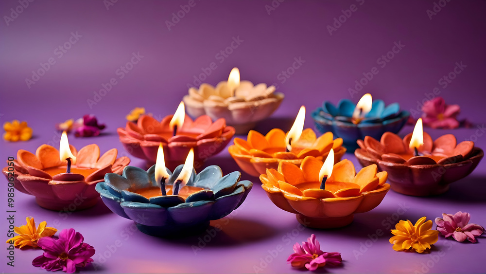 Colorful clay diya lamps with flowers on purple background Colorful clay diya lamps with flowers on purple background