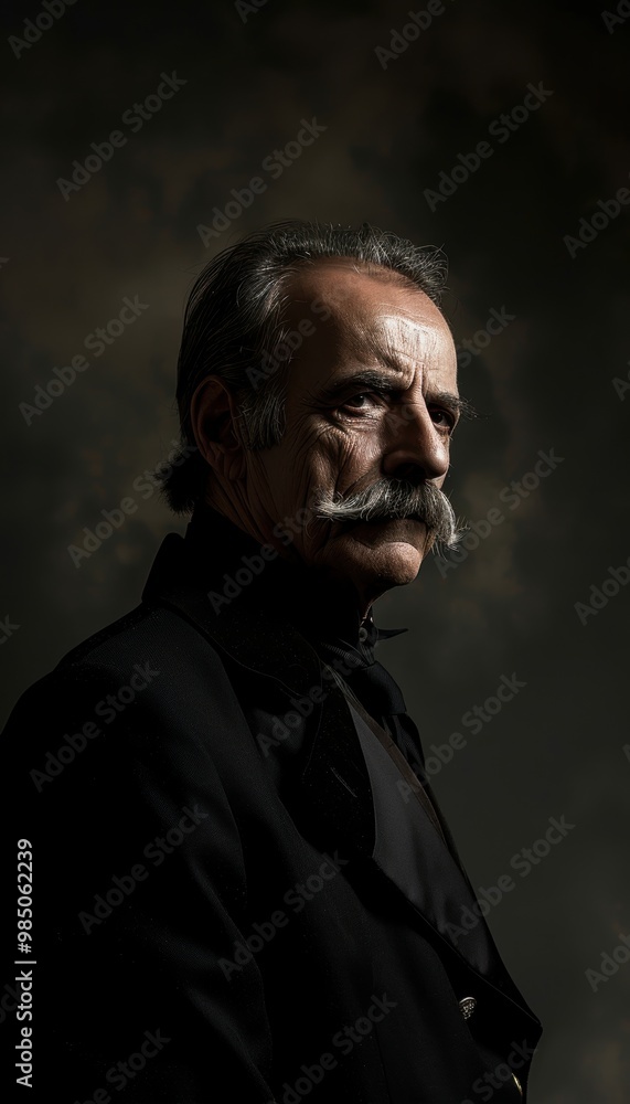 Obraz premium Dramatic Portrait of a Man with a Sculpted Mustache in Black Suit Against Dark Moody Backdrop