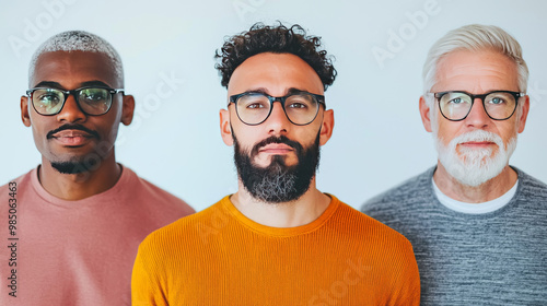 Three men of different ages and ethnicities stand side-by-side wearing glasses.