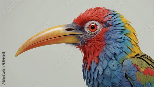 A bird with mismatched features—a large, heavy body with tiny wings, an oversized beak, and brightly colored, irregular feathers in red, blue, and yellow. Its eyes are wide 