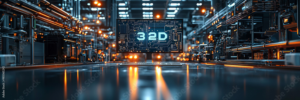 Fototapeta premium A futuristic 3D rendering of a computer screen with the text 32D displayed on it.