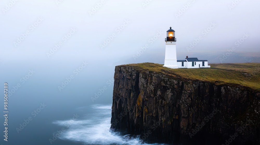Lighthouse standing on a cliff overlooking the sea, with a foggy atmosphere and waves crashing below. The scene captures the coastal beauty and serene isolation. Lighthouse standing on a cliff overlooking the sea, with a foggy atmosphere and waves crashing below. The scene captures the coastal beauty and serene isolation.