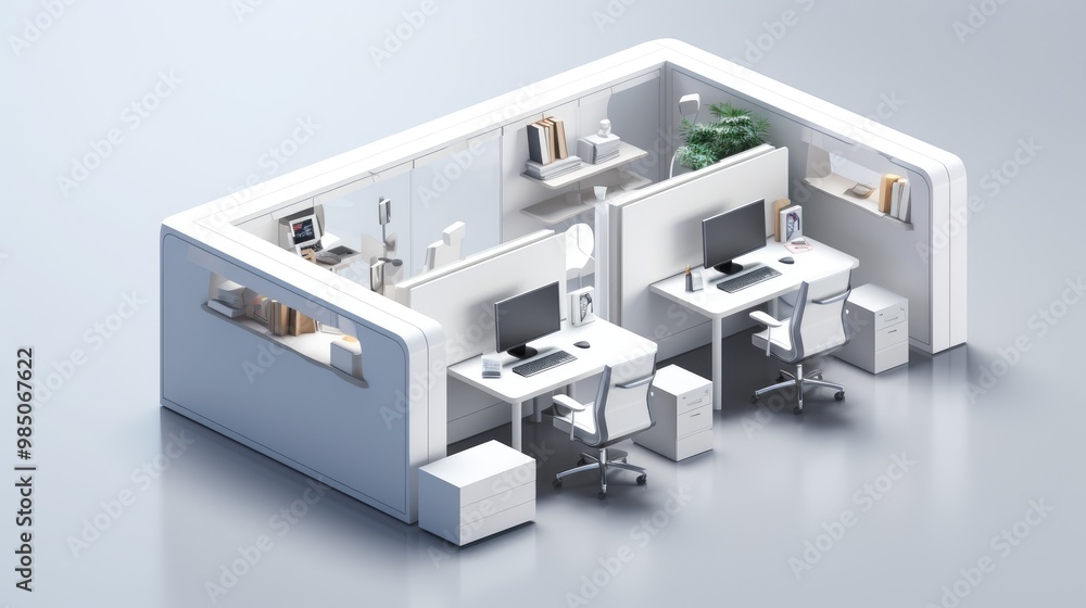 Top-down view of a modern office interior with two desks, chairs, computers, and office supplies. Top-down view of a modern office interior with two desks, chairs, computers, and office supplies.