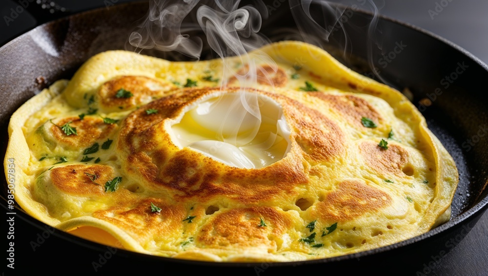 An omelet with vibrant green vegetables sizzling in a pan, the kitchen blurred in the background. The golden-brown eggs are perfectly cooked, overflowing with the freshness of the greens. This image, An omelet with vibrant green vegetables sizzling in a pan, the kitchen blurred in the background. The golden-brown eggs are perfectly cooked, overflowing with the freshness of the greens. This image,