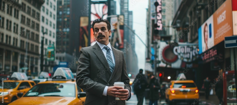 Businessman with Mustache in a Busy City Intersection, Holding Coffee and Checking Time Businessman with Mustache in a Busy City Intersection, Holding Coffee and Checking Time