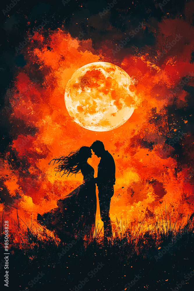 Romantic Silhouette of a Couple Kissing Under Full Moon on Crimson Sky ...