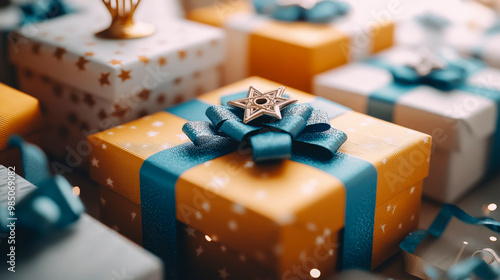 Festive Blue Gift Box with Elegant Bow and Star Accents photo