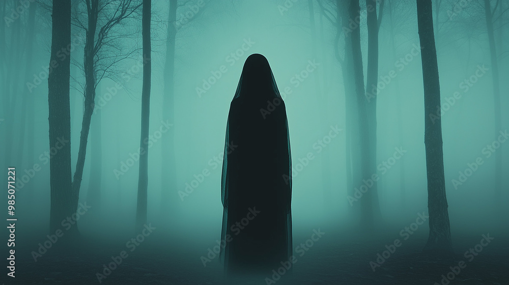 Silhouette of a woman standing in misty fog, eerie atmosphere, silent death Silhouette of a woman standing in misty fog, eerie atmosphere, silent death