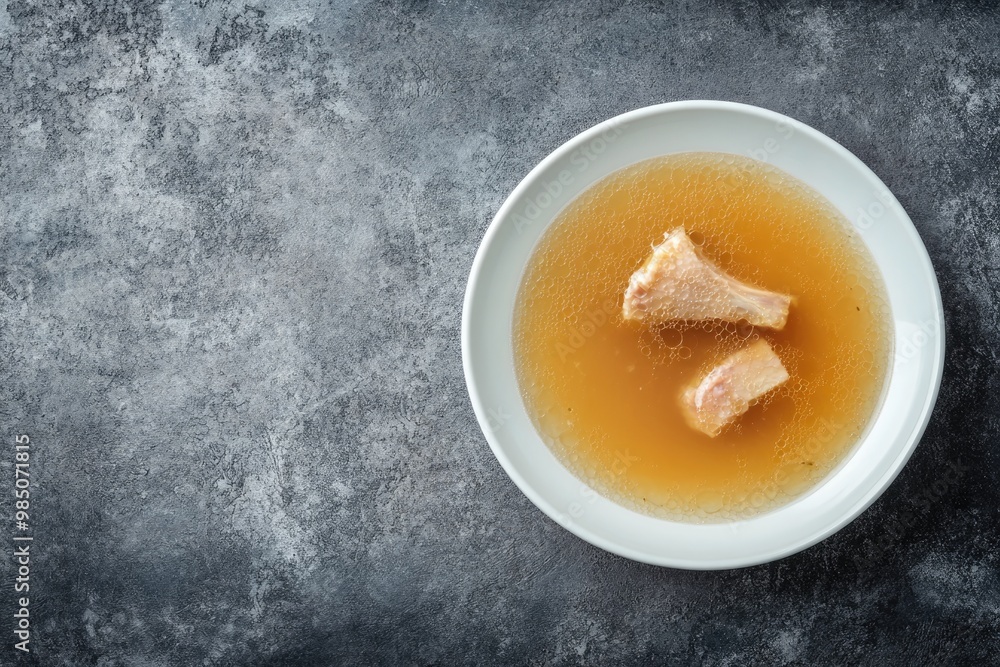 Bone meat chicken broth in a plate. Gray background. Top view. Copy space. Bone meat chicken broth in a plate. Gray background. Top view. Copy space.
