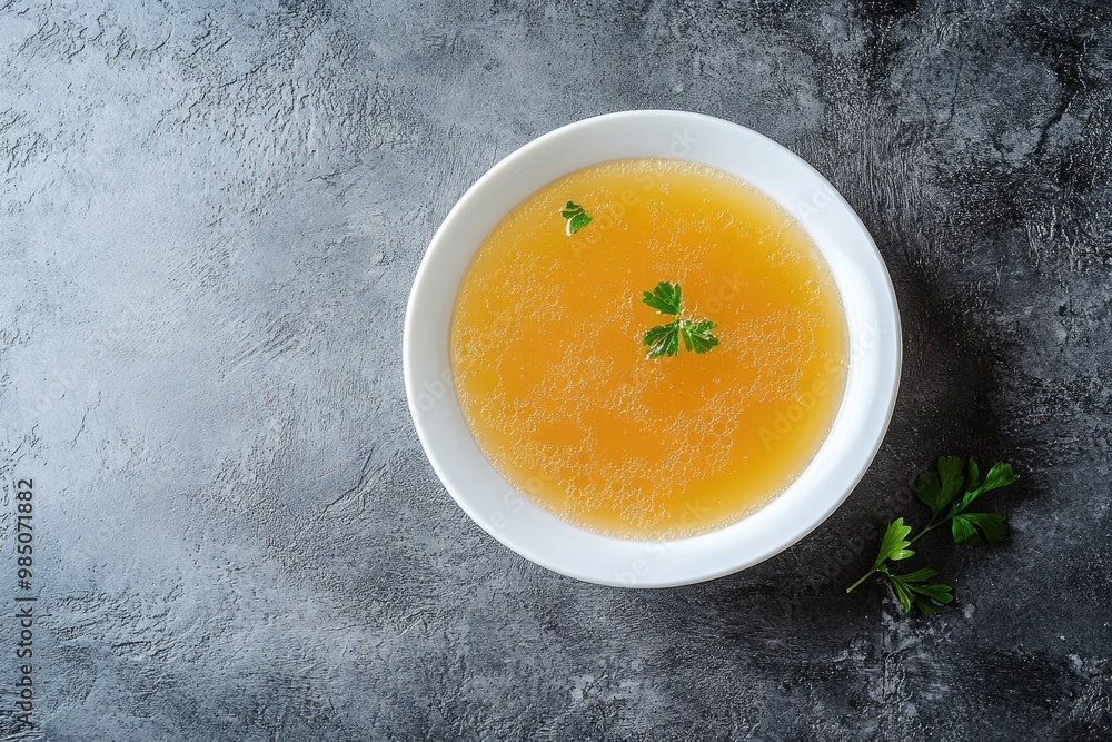 Bone meat chicken broth in a plate. Gray background. Top view. Copy space. Bone meat chicken broth in a plate. Gray background. Top view. Copy space.
