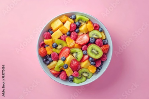 Bowl of healthy fresh fruit salad on pink background top view