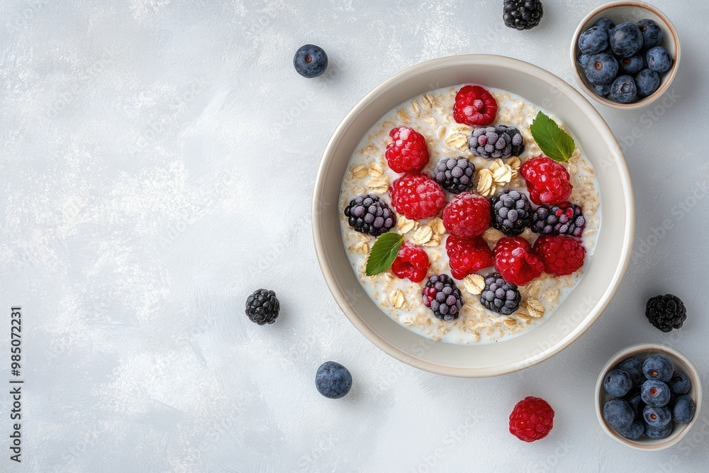 Bowl of oatmeal porridge served with berries on light grey table top view Bowl of oatmeal porridge served with berries on light grey table top view