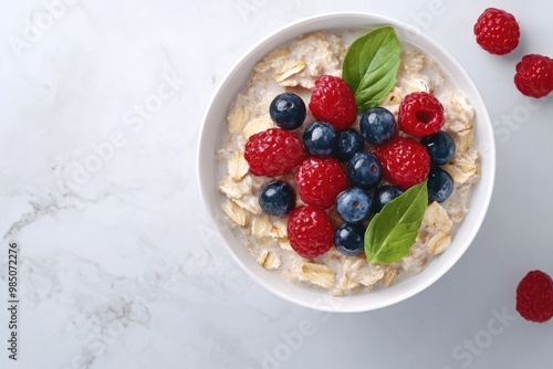 Bowl of oatmeal porridge served with berries on light grey table top view