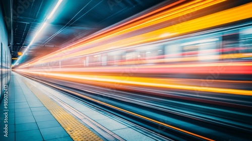 A modern high-speed red passenger train is in motion at a railway platform at sunset.