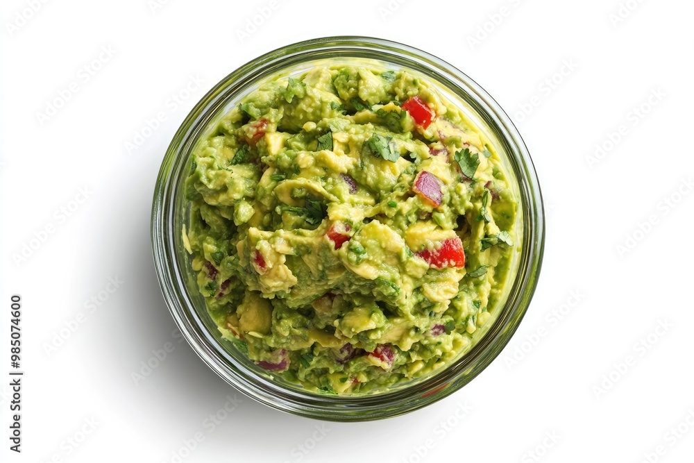 Glass bowl of guacamole on white background. Top view. File contains clipping path. Glass bowl of guacamole on white background. Top view. File contains clipping path.