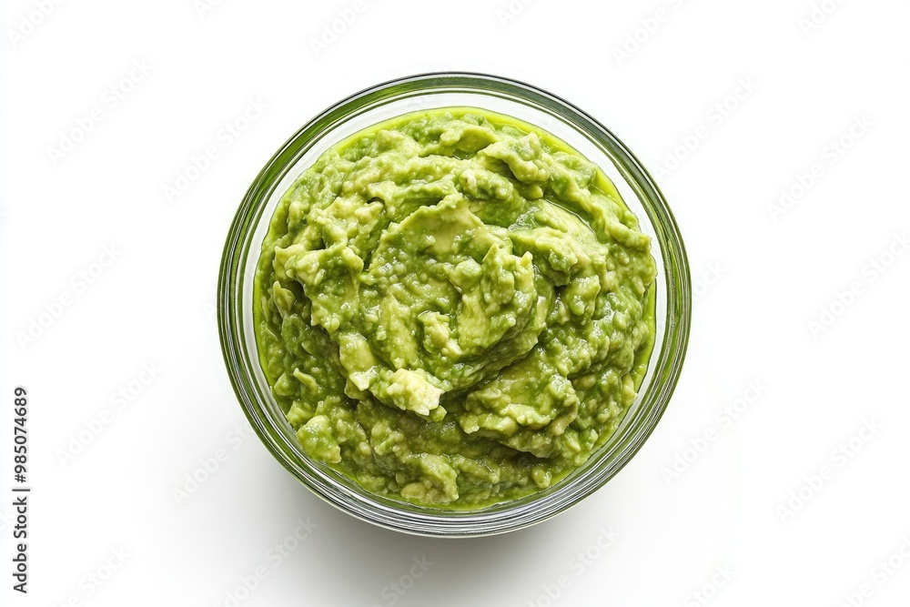 Glass bowl of guacamole on white background. Top view. File contains clipping path. Glass bowl of guacamole on white background. Top view. File contains clipping path.