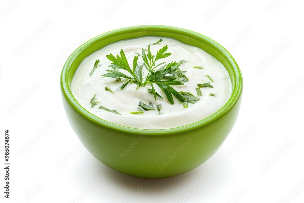 Green bowl of sour cream dip sauce with herbs isolated on white background top view Green bowl of sour cream dip sauce with herbs isolated on white background top view