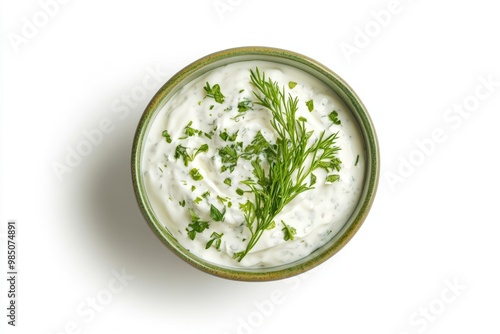 Green bowl of sour cream dip sauce with herbs isolated on white background  top view photo