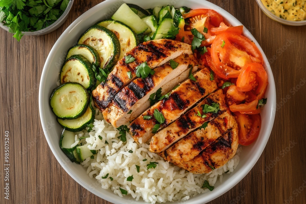 Grilled chicken with rice and vegetables on wood background. Grilled chicken with rice and vegetables on wood background.