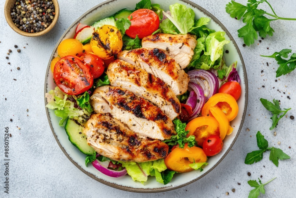 Grilled chicken and vegetable salad for a healthy diet. Grilled chicken and vegetable salad for a healthy diet.