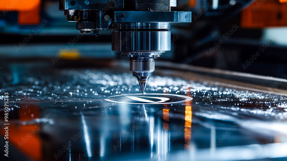 CNC router crafting a minimalist logo on a sleek aluminum surface, showcasing the machine and its reflective metal backdrop, illuminated by bright light. CNC router crafting a minimalist logo on a sleek aluminum surface, showcasing the machine and its reflective metal backdrop, illuminated by bright light.