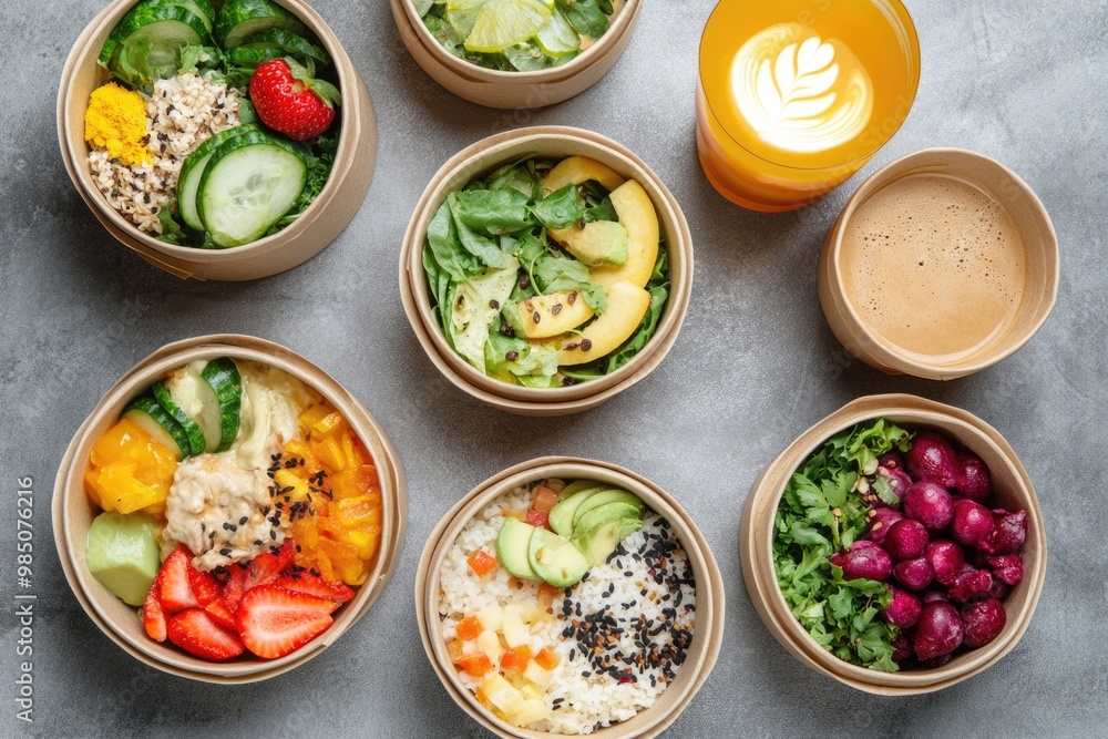 Healthy take away food and drinks in eco friendly containers. Healthy take away food and drinks in eco friendly containers.