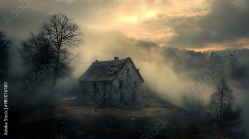 Abandoned house in misty forest at dawn 