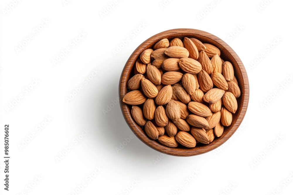 Heap of Almonds in wood bowl isolated on white background. top view Heap of Almonds in wood bowl isolated on white background. top view