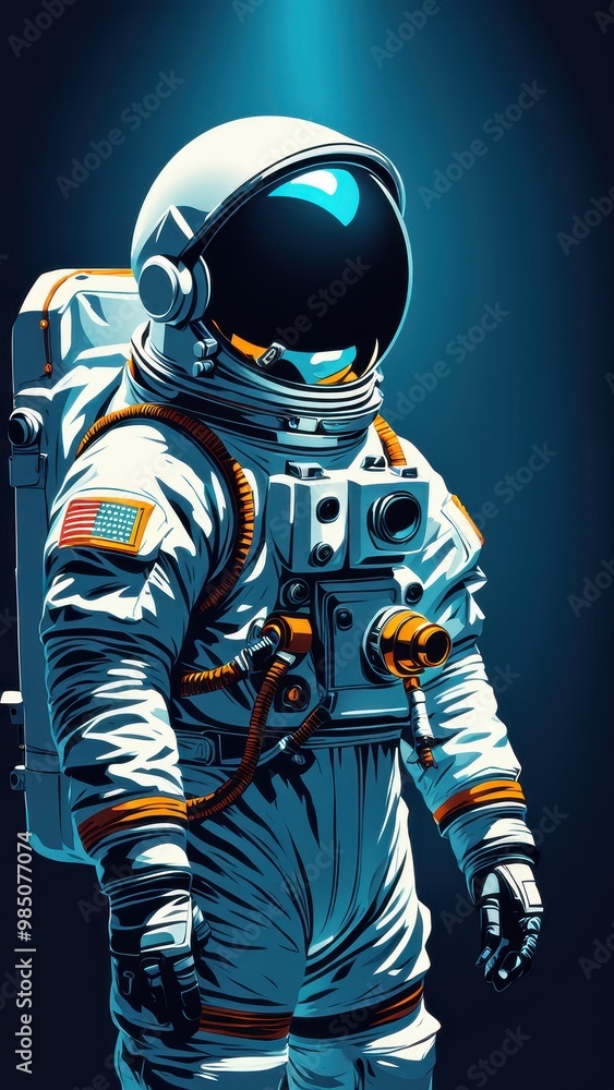 An astronaut in a space suit stands against a dark background, emphasizing exploration and technology. An astronaut in a space suit stands against a dark background, emphasizing exploration and technology.