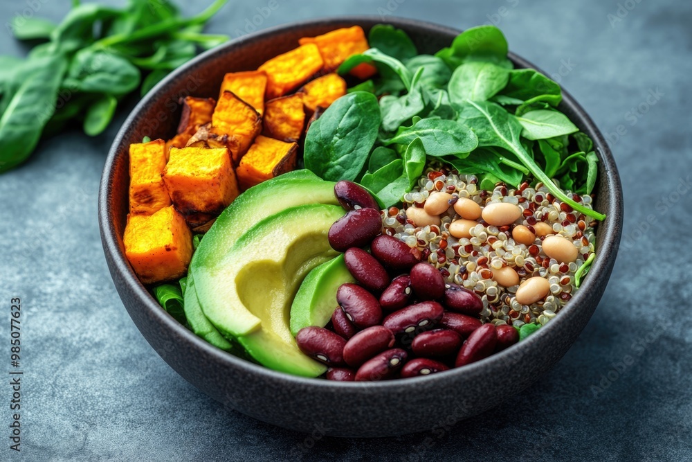 Quinoa salad with avocado sweet potato beans herbs. Vegan vegetarian. Quinoa salad with avocado sweet potato beans herbs. Vegan vegetarian.