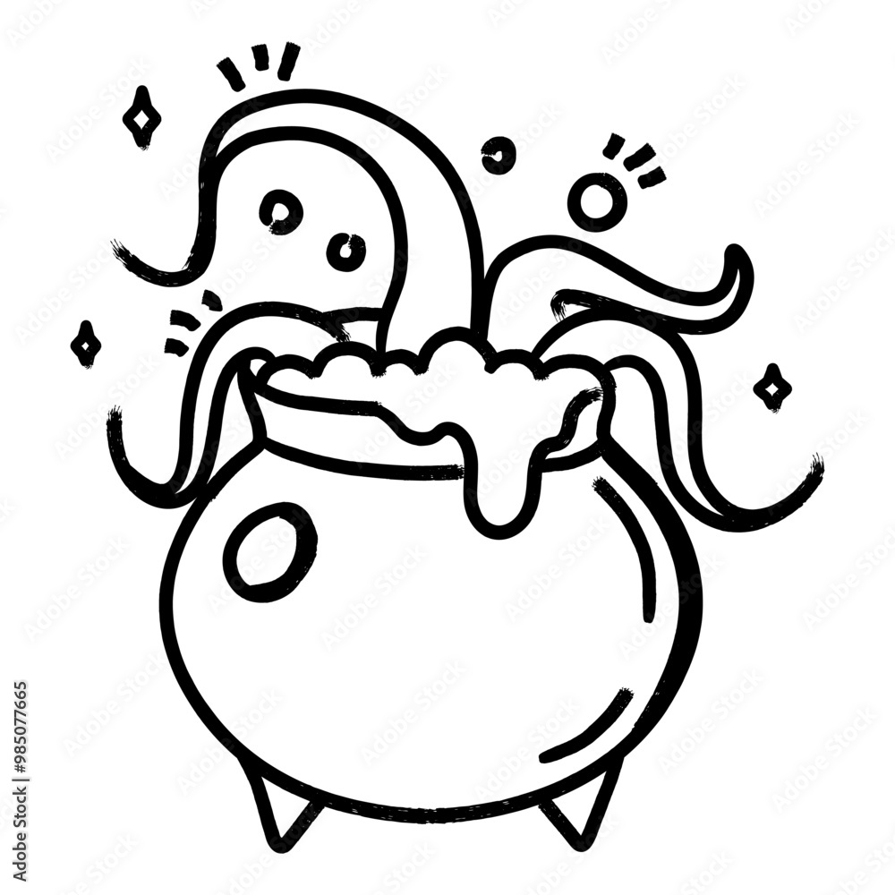 Witch's cauldron with a potion and monster tentacles. Vector black and white illustration with textures, hand drawn. Halloween themed. Witch's cauldron with a potion and monster tentacles. Vector black and white illustration with textures, hand drawn. Halloween themed.