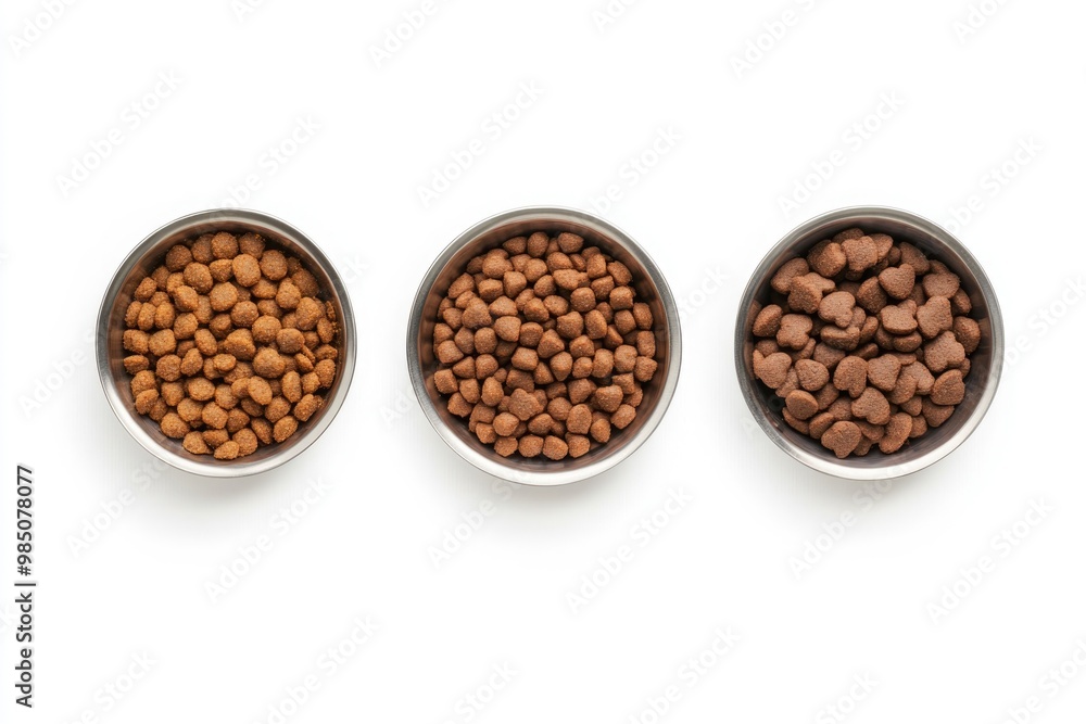 Three dishes of dry pet food in metal bowl. Three dishes of dry pet food in metal bowl.