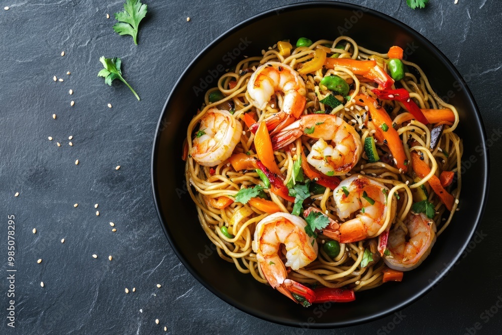 Stir fry noodles with vegetables and shrimps in black bowl. Slate background. Top view. Copy space. Stir fry noodles with vegetables and shrimps in black bowl. Slate background. Top view. Copy space.