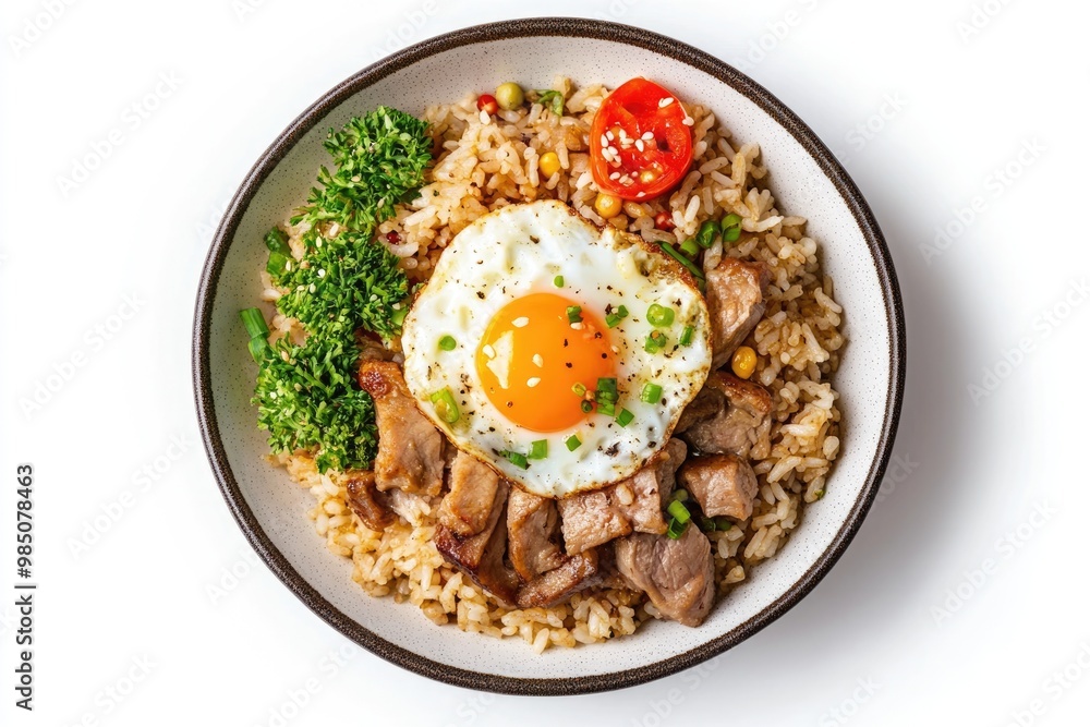 Top view of Fried rice with pork and egg isolated on white background. Clipping path. Top view of Fried rice with pork and egg isolated on white background. Clipping path.