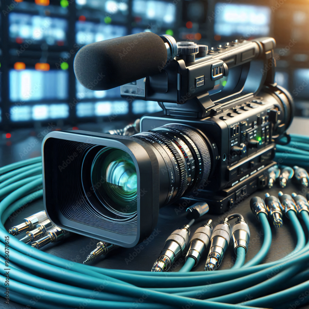 Professional broadcast camera in live broadcast television studio, with data and video cables