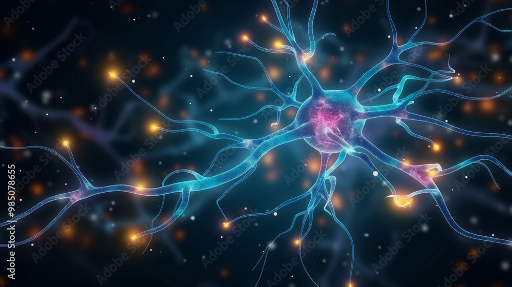 A computer image of a nerve cell with lights emanating from it