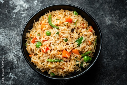 Vegetarian Szechuan Fried Rice in black bowl on slate. photo