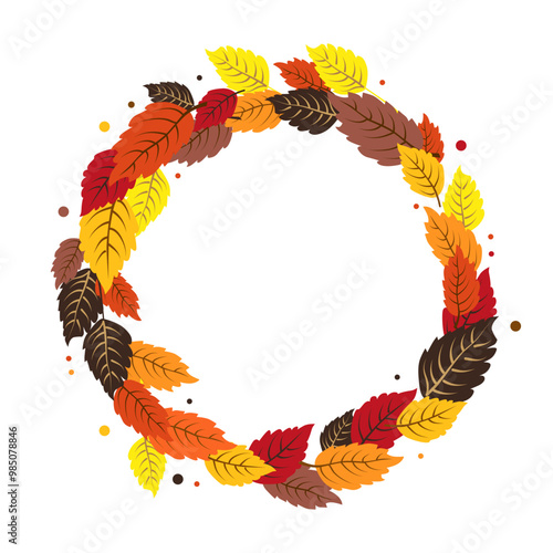 Vector isolated round frame of yellow dry autumn leaves. Border for text. Flat clipart for design
