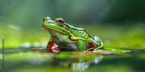 Common Green Frog, a species indigenous to a specific region in Asia, is also known as the Green Paddy Frog, Red-eared Frog, or Leaf Frog. photo